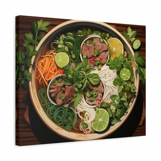 Paint by numbers artwork of a Vietnamese pho bowl with beef, noodles, herbs, lime, and chili in a rich broth shown in a frame