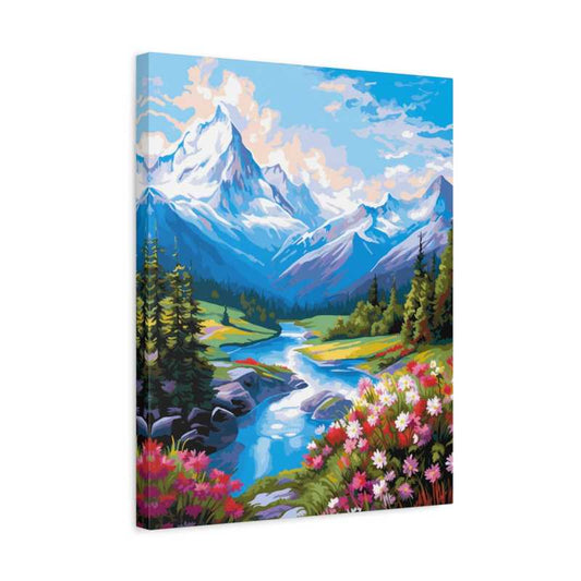 Whispering Peaks Paint By Numbers painting showcasing snowy mountains, a winding river, wildflowers, and a lush green valley under a bright sky shown in a frame