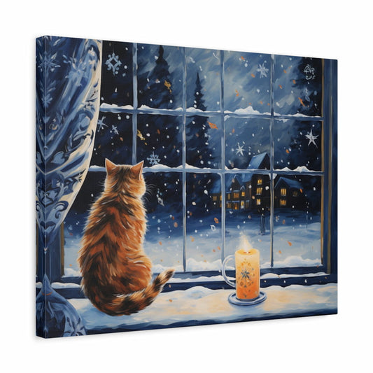 Paint by numbers artwork of an orange cat on a windowsill, gazing at snowy cottages and pine trees on a winter night with a glowing candle beside it shown in a frame