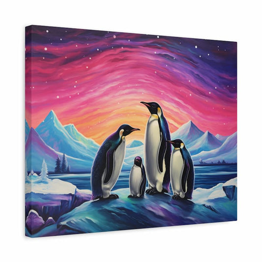 Paint by numbers artwork of emperor penguins on icy terrain under a vibrant aurora sky with pink, purple, and blue hues shown in a frame.