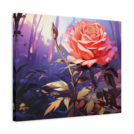 Paint by Numbers kit of a glowing pink rose in bloom with a rosebud, set against a dreamy purple forest background shown in a frame