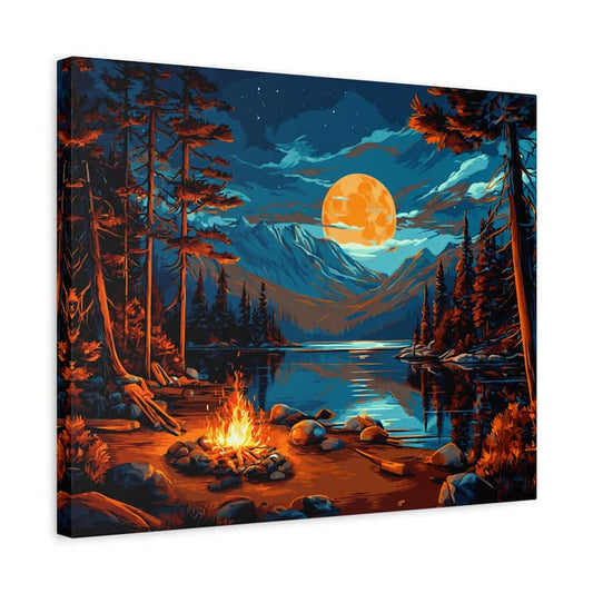 Canvas print of a forest scene with a campfire, lake, and mountain under a full moon.