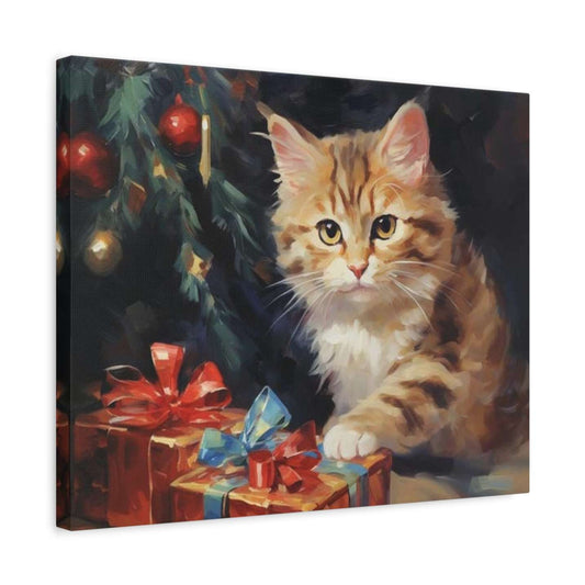Festive Kitten Paint By Numbers kit with golden tabby cat beside Christmas gifts and decorated holiday tree shown in a frame
