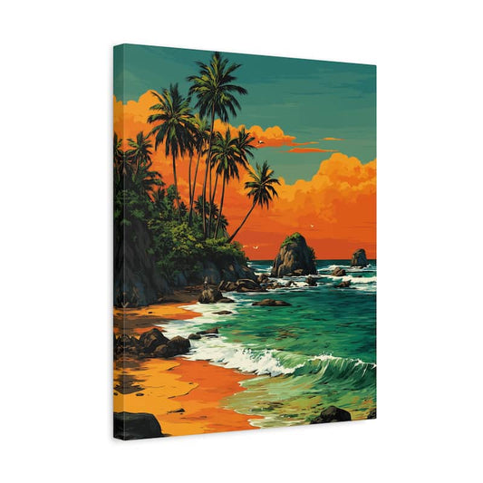 Canvas print of a tropical beach scene with palm trees and sunset.