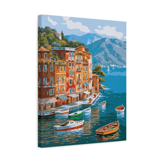 Colorful coastal village with boats floating in a serene blue harbor, backed by sunlit buildings and distant mountains, Paint By Numbers scene for adults in Canada shown in a frame