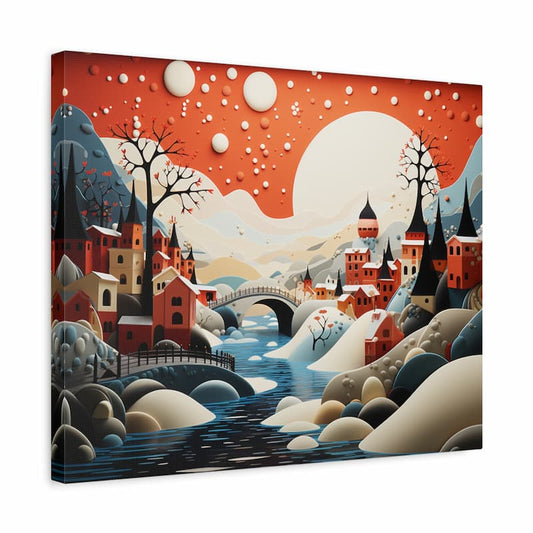 Paint by numbers artwork of a whimsical village under a glowing moon with bridges, trees, and river scenery shown in a frame