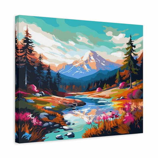Paint by numbers mountain landscape with a snow-capped peak, river, forest, and colorful meadows shown in a frame