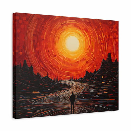 Paint by numbers artwork of a lone figure walking on a swirling path toward a blazing golden sun in a fiery red-orange sky shown in a frame