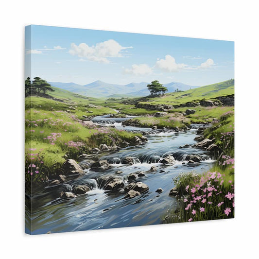 Paint by Numbers kit featuring a gentle stream flowing through green meadows with pink wildflowers, rocks, and distant rolling hills under a blue sky shown in a frame