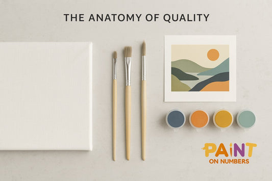 Flat lay of a high-quality paint by numbers kit including a blank canvas, three paintbrushes, a reference artwork, and four paint pots arranged neatly with the text "The Anatomy of Quality" and the Paint On Numbers logo.