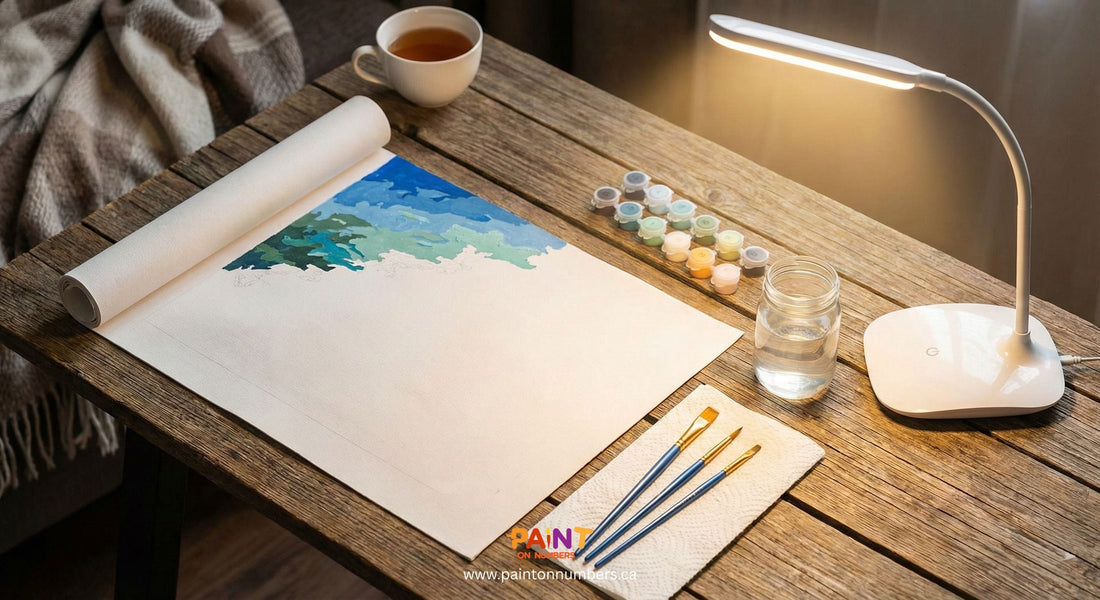 Artistic setup with a painting, watercolor set, and lamp on a wooden table.