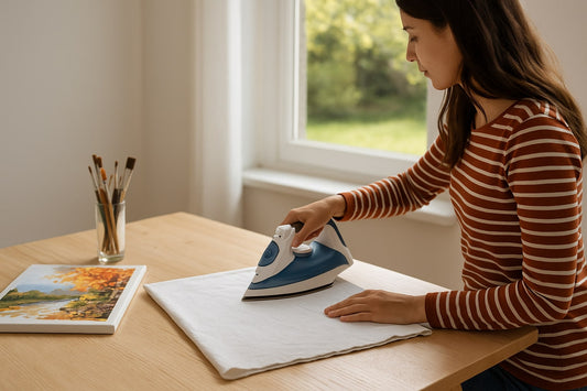 Woman gently ironing a folded paint by numbers canvas on a wooden table near a window, with a finished autumn landscape painting and a glass of paintbrushes nearby, in a bright and calm indoor setting.