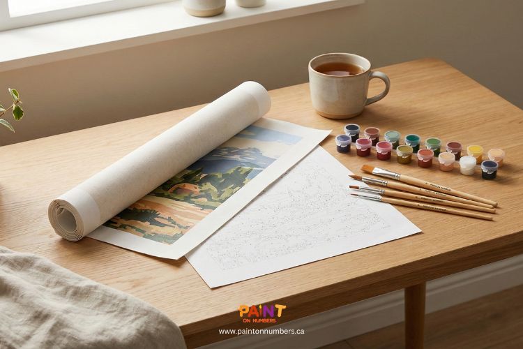 Rolled paint-by-numbers canvas with brushes, paints, and a printed reference sheet on a wooden table.