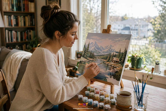 Woman in her 30s relaxing while painting a landscape paint by numbers kit at a wooden table near a window with soft afternoon light and a cup of tea