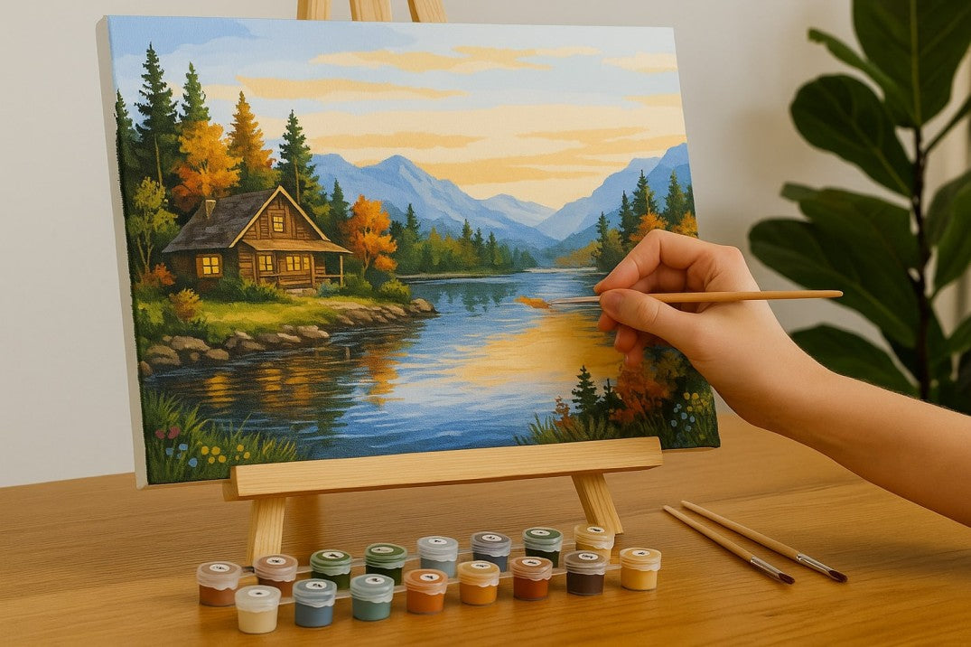 Adult paint by numbers kit showing a cozy lakeside cabin scene in progress, with a hand painting autumn trees on canvas using small paint pots and brushes.