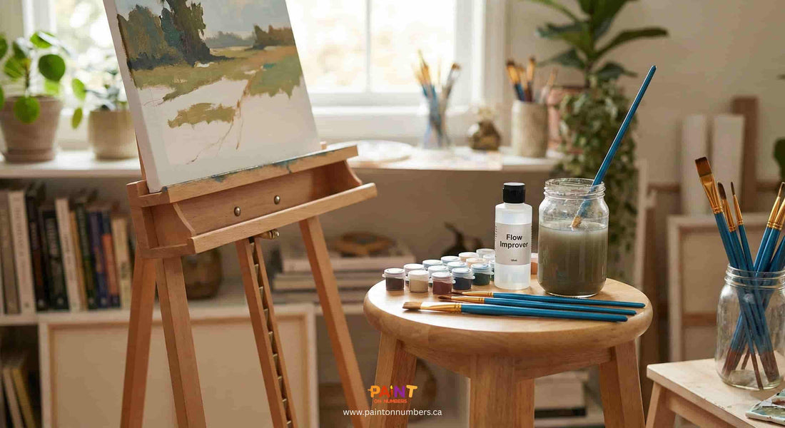 Professional paint by numbers workspace with flow improver and mixing palette
