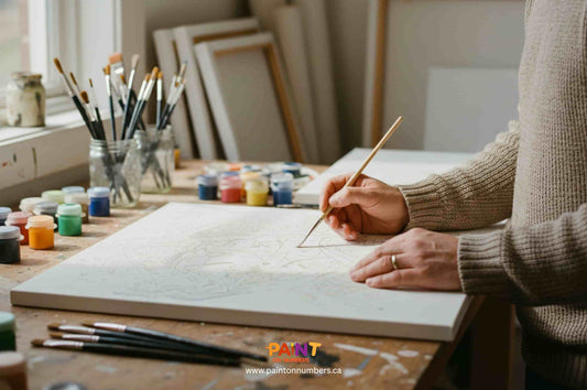 A person’s hands working on a paint by numbers canvas at a studio workbench surrounded by brushes, jars, and paint pots.