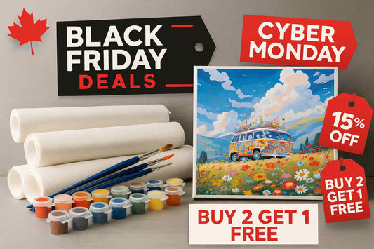 Black Friday promotional image featuring premium paint by numbers kits with a framed flower camper painting, sale discounts, and subtle Canadian design elements