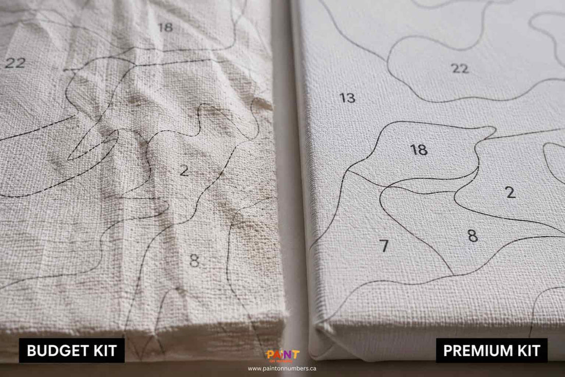 Paint by numbers canvas quality comparison showing wrinkled budget canvas with faded printed numbers beside premium pre-stretched linen blend canvas with crisp clear lines and smooth texture