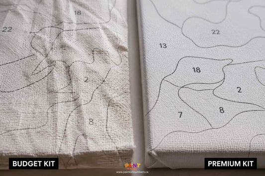 Paint by numbers canvas quality comparison showing wrinkled budget canvas with faded printed numbers beside premium pre-stretched linen blend canvas with crisp clear lines and smooth texture