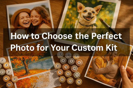 How to Choose the Perfect Photo for a Custom Paint by Numbers Kit, showing example photos of people and pets next to paint pots and a canvas.