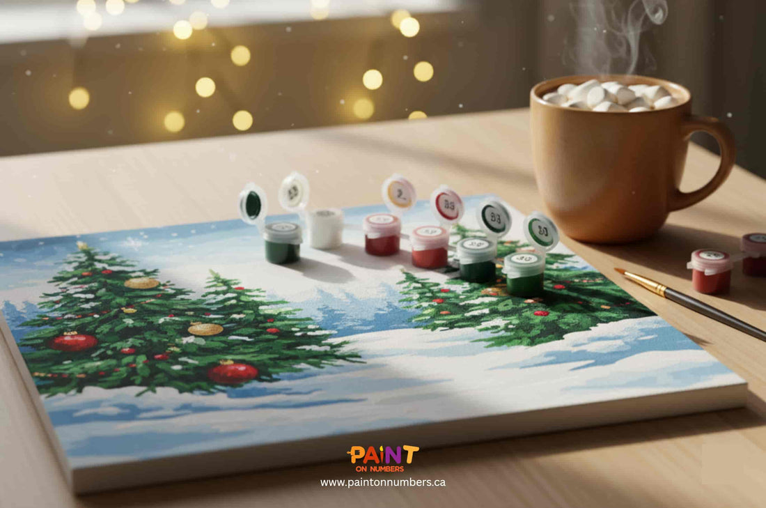 Christmas tree paint by numbers canvas in progress with paint pots and a mug of hot cocoa topped with marshmallows in a soft, cozy holiday setting.