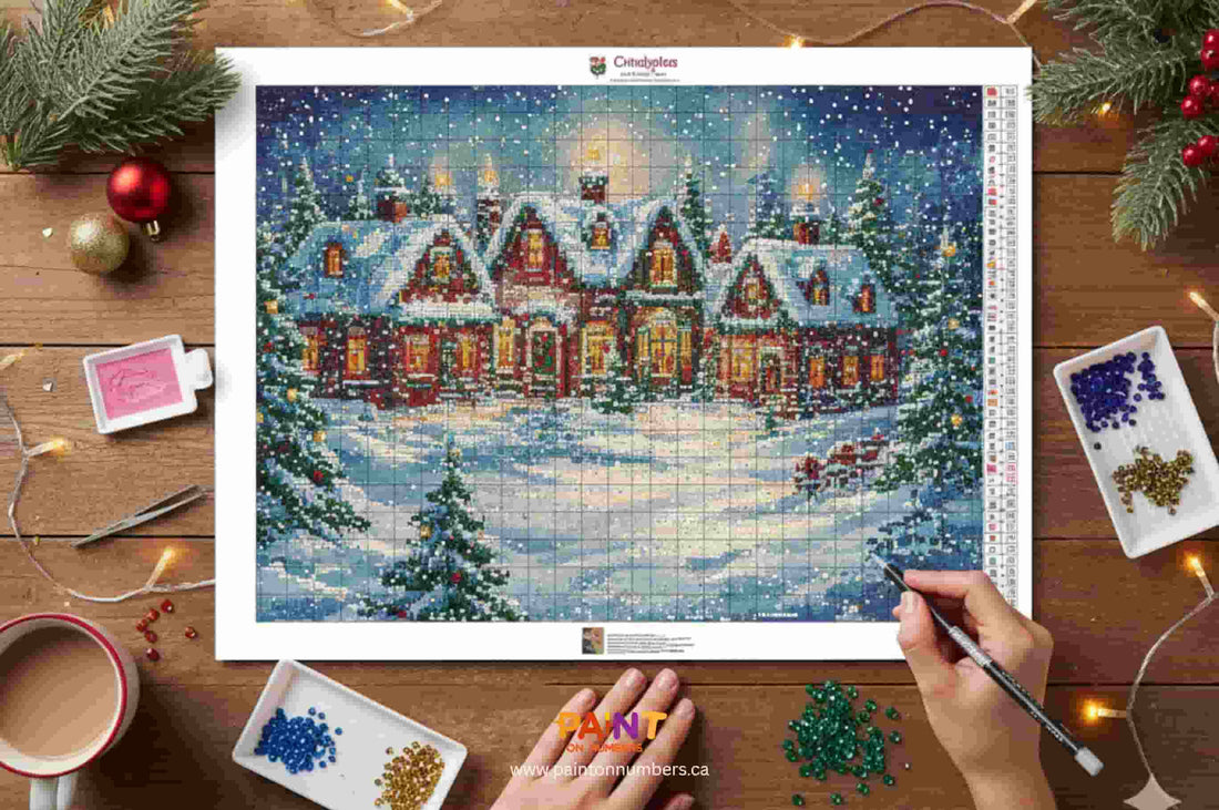 Hands working on a diamond painting of a snowy winter cottage village scene, surrounded by beads, tools, and holiday decorations.