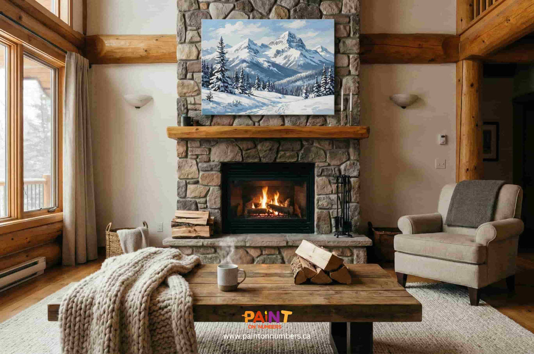 Winter mountain paint by numbers artwork hanging above a stone fireplace in a warm, rustic living room.