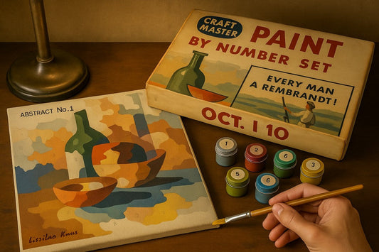A vintage 1950s Craft Master Paint by Numbers kit featuring the Abstract No. 1 canvas, colorful paint pots, and a hand painting with a brush on a wooden desk under warm lighting.