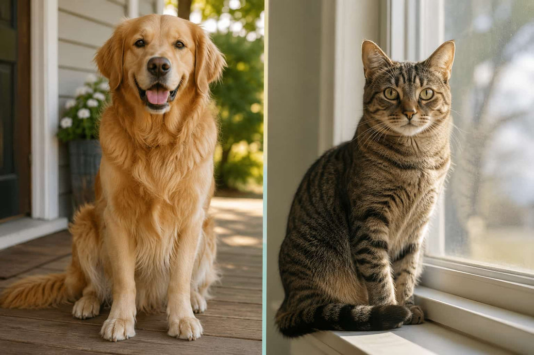 A golden retriever and a tabby cat shown side by side, illustrating the difference between painting a dog and a cat in a custom paint by numbers kit