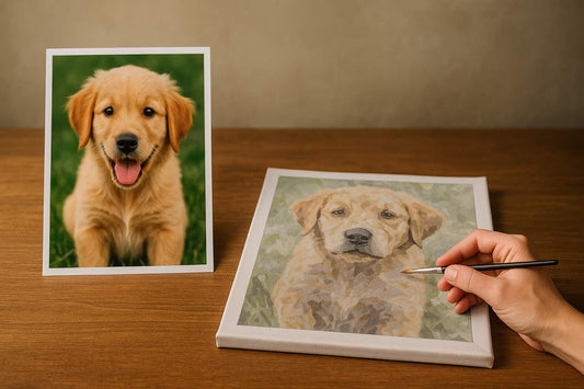 Expectation vs reality comparison of a golden retriever photo and a low-quality paint by numbers canvas on a wooden table