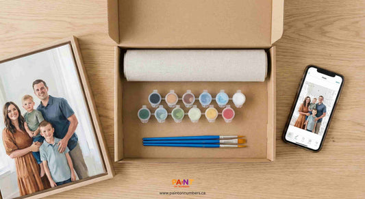 Flat lay of an open unbranded cardboard box containing a rolled canvas, acrylic paint pots, and three blue brushes, next to a framed custom family portrait and a smartphone showing the original photo.