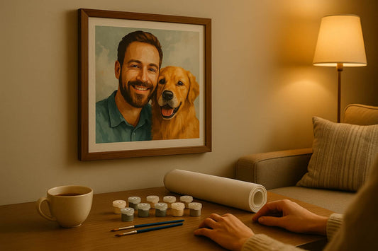 Custom paint by numbers portrait of a smiling man with his golden retriever, framed on a wall above a cozy desk with brushes, paint pots, and a rolled canvas.