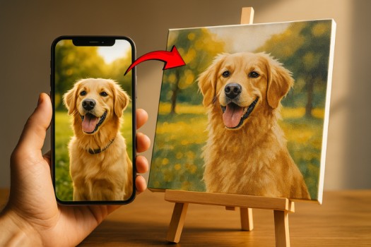 Hand holding a smartphone showing a golden retriever photo, next to a paint by numbers canvas of the same dog on a small wooden easel.