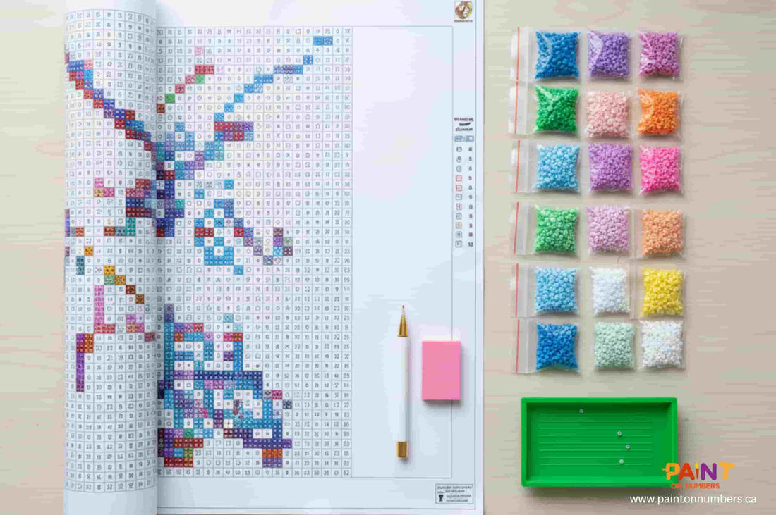 Flat lay of a diamond painting kit with rolled canvas, numbered chart, color-coded resin beads in zip bags, green tray, pen tool, and pink wax block.