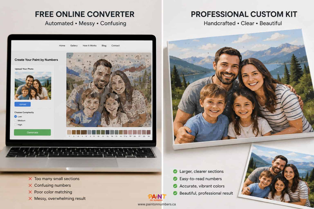 Comparison between free online paint by numbers converter and professional custom paint by numbers kit showing messy automated conversion beside clear handcrafted custom canvas with accurate colors and easy to read sections