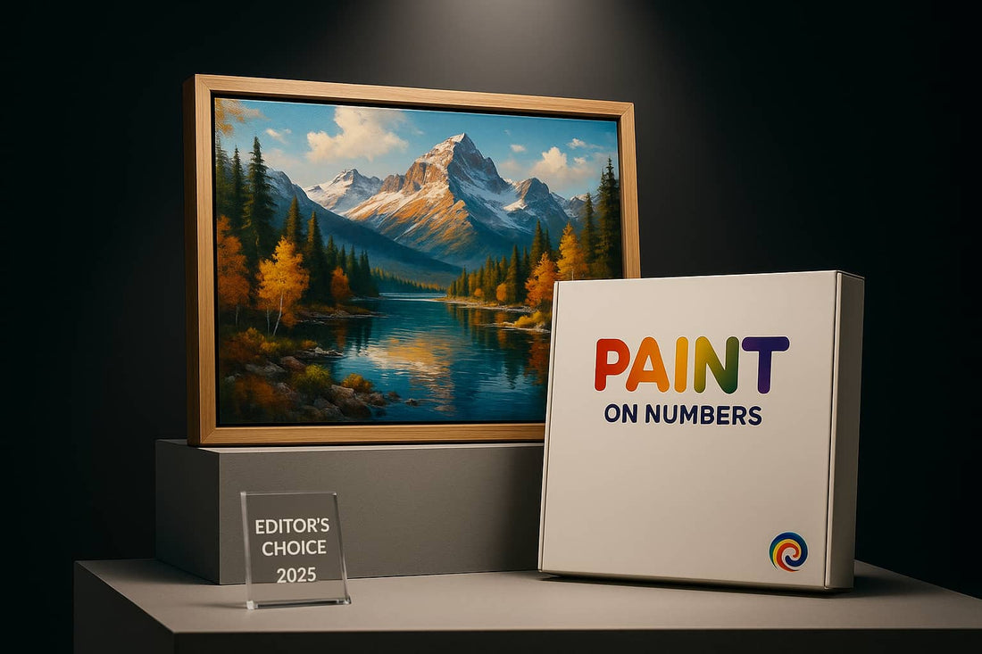 Editor’s Choice Paint by Numbers kit featuring a framed mountain landscape painting with branded box by Paint On Numbers