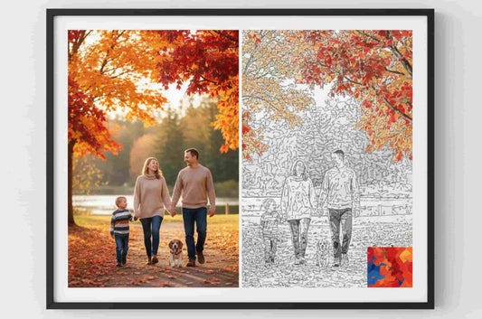 A split-screen image showing a family walking in a Canadian park during autumn on the left, and the same scene converted into a paint by numbers canvas on the right, with detailed numbered outlines and partial color fill.
