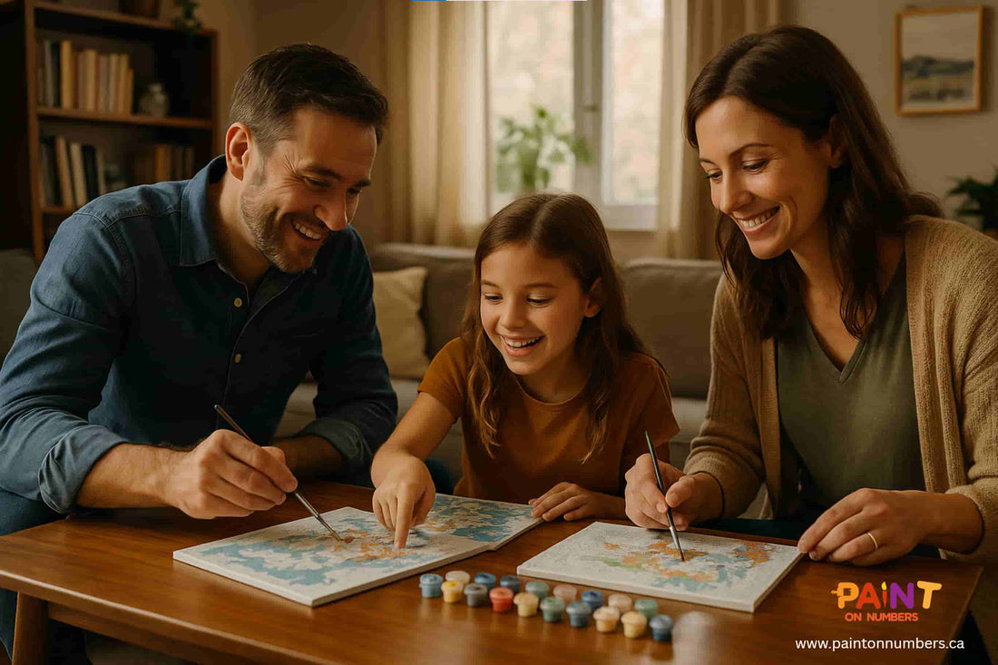 Family enjoying paint by numbers kit together at home in Canada, relaxing and smiling while painting on canvas.