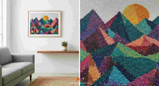 Colorful mountain diamond painting artwork on a wall next to a living room with a sofa and decor.