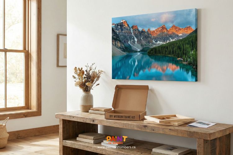Finished paint by numbers canvas of Moraine Lake hanging on a wall above a wooden table with a DIY frame kit.
