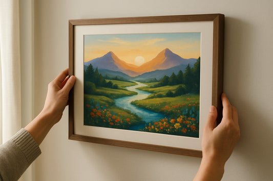 Hands carefully hanging a framed paint by numbers landscape artwork on a soft beige wall, showcasing a serene river, flowers, and sunset-lit mountains in a clean, modern living space.