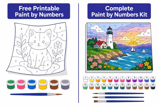 Comparison infographic showing a free printable paint by numbers cat design on home paper with six mismatched paint pots beside a complete paint by numbers kit with a lighthouse canvas, twenty-four pre-matched numbered paint pots, and three brushes