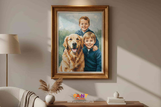 Framed custom paint by numbers portrait of two smiling boys with their golden retriever displayed in a cozy living room.