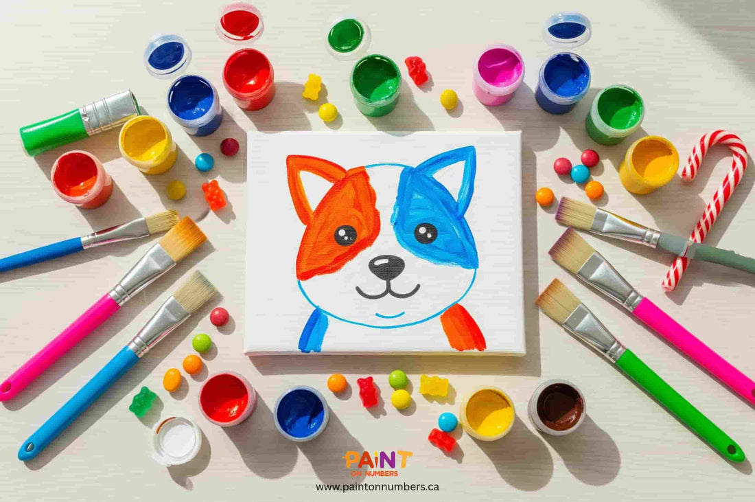 Kids beginner paint by numbers canvas showing a blue and orange puppy with bright paint pots and brushes arranged around it.