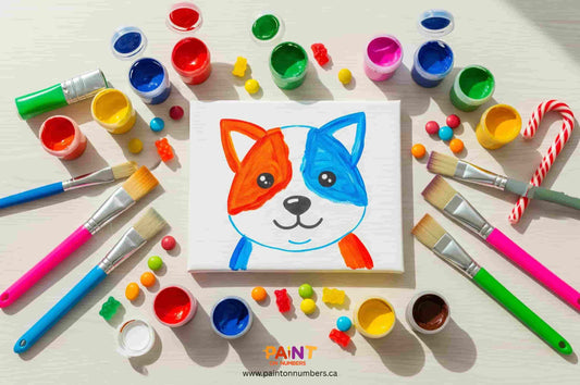 Kids beginner paint by numbers canvas showing a blue and orange puppy with bright paint pots and brushes arranged around it.