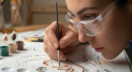A close up of a person wearing magnifying craft glasses while painting tiny numbers on a canvas.
