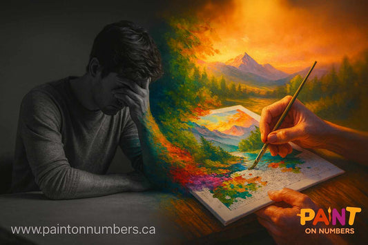 Emotional transformation through paint by numbers: a man overwhelmed by stress turns to colorful painting for mental wellness and peace, by Paint On Numbers Canada