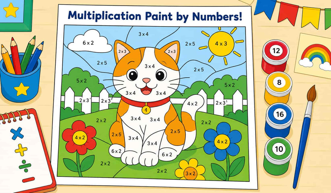Children’s multiplication paint-by-numbers page featuring a cartoon cat in a colorful outdoor scene with pencils, paint pots, a brush, and notebook.