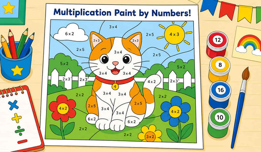 Children’s multiplication paint-by-numbers page featuring a cartoon cat in a colorful outdoor scene with pencils, paint pots, a brush, and notebook.